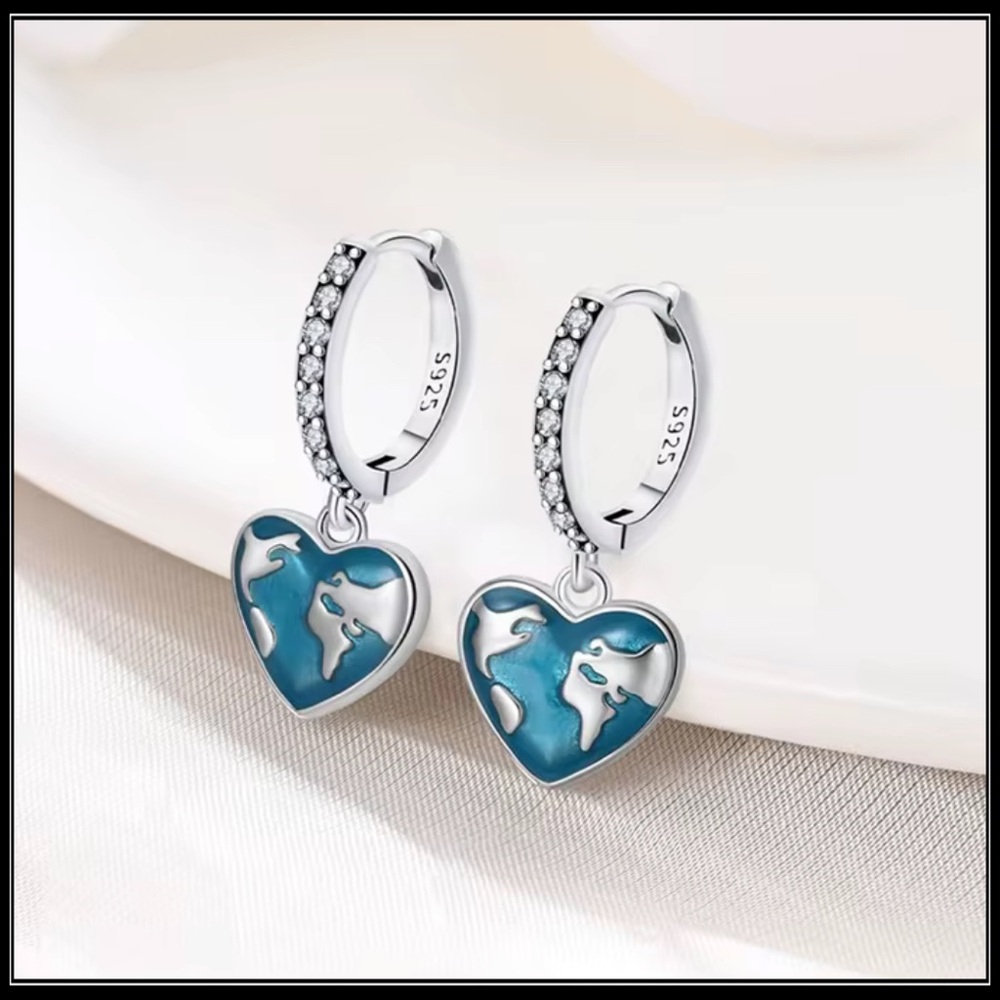 NEW 925 GAIA STERLING SILVER OCEAN EARTH GLOBE HEART WORLD MAP BOHO EARRINGS